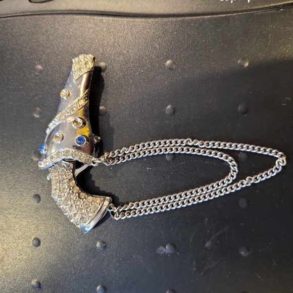 Vintage Rhinestone Gun in Holster with Chain Brooch Pin 3 1/4